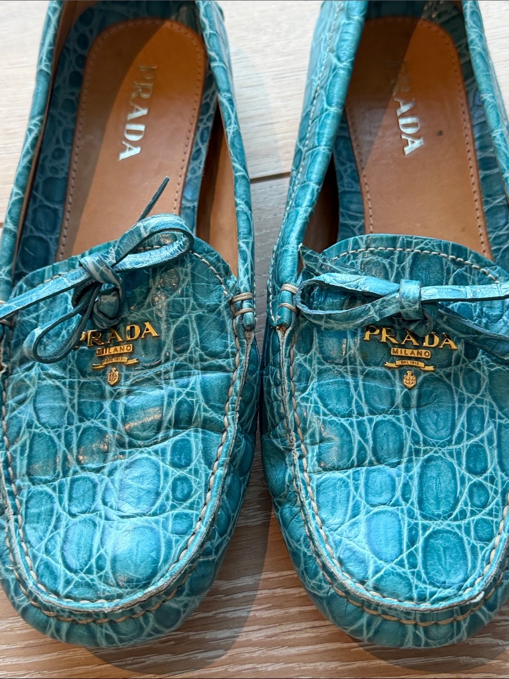 Hardly worn.. very comfortable, Prada Teal Croc-Embossed Leather Loafers size 8 - Picture 3 of 6